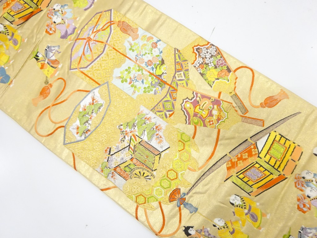 JAPANESE KIMONO / ANTIQUE FUKURO OBI / SILK / WOVEN DAIMYOS PROCESSION